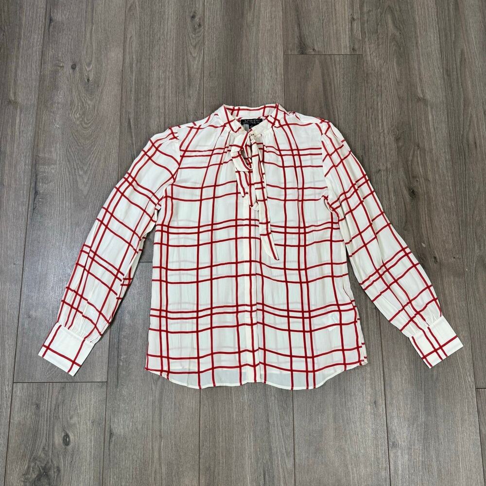 J.Crew Blouse WMNS 0 White Red Plaid Tie Neck Crepe Long Sleeve Modern Preppy